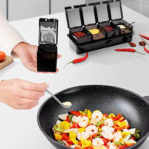 HLTYGWX Barattoli per condimenti, Contenitore per Sale da Cucina, Scatola per condimenti con Cucchiaio, Contenitore per spezie a 4 Scomparti, Contenitore per condimenti per spezie, Zucchero, Sale,