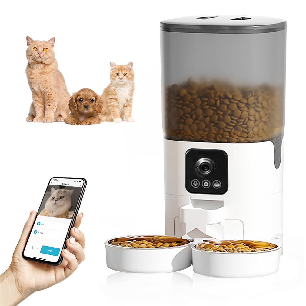 Pahajim 7L Comedero Automático 2.4G WiFi Comedero Doble de Acero Inoxidable Inteligente para Gatos y Perros Alimentador Automático Cámara 1080P con App Video Audio Visión Nocturna
