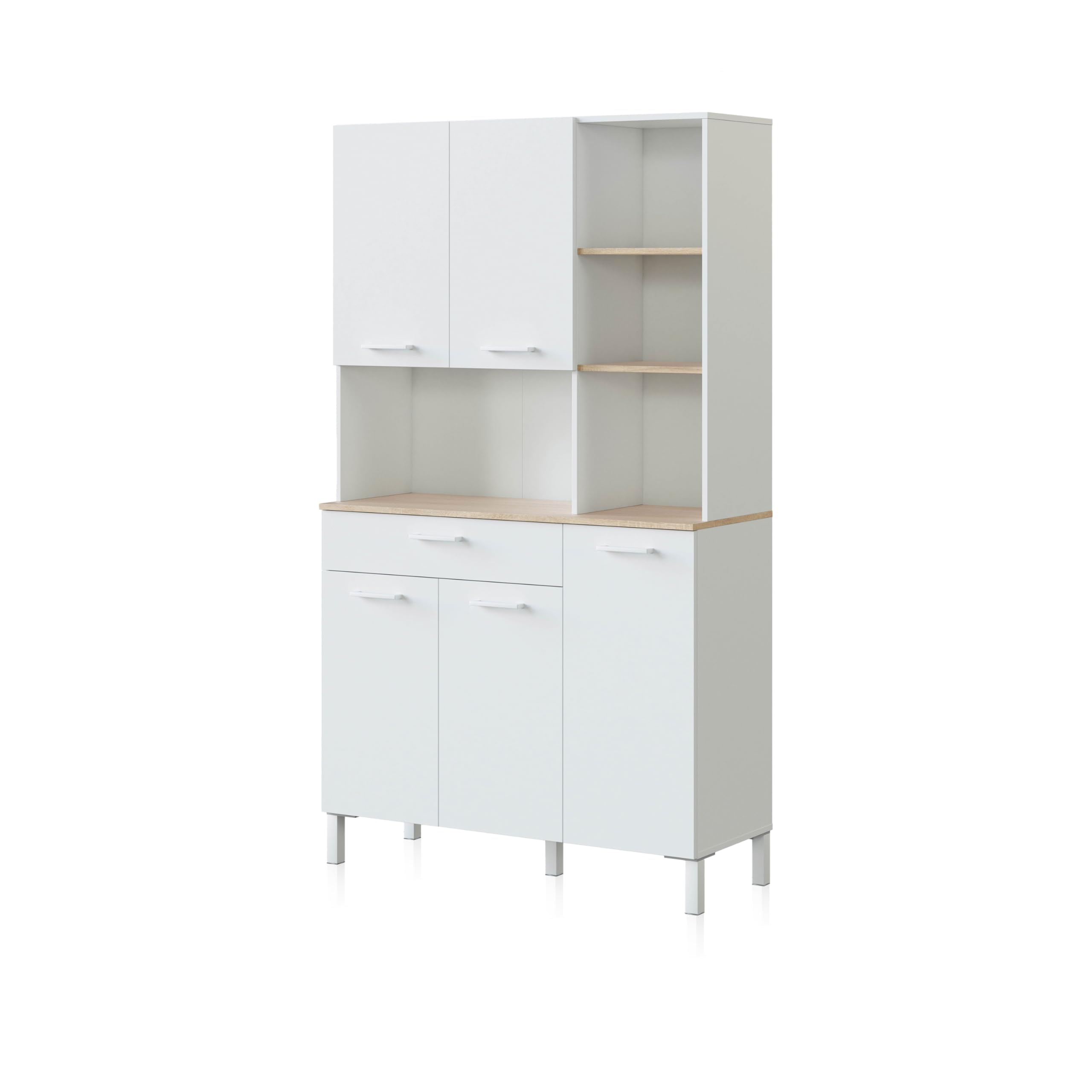 duehome | Alacena de Cocina, Mueble Auxiliar 5 Puertas + 1 Cajon y Estante Interior, Modelo Colin, Acabado en Blanco Artik y Roble Canadian, Medidas: 108 cm (Ancho) x 186 cm (Alto) x 40 cm (Fondo)