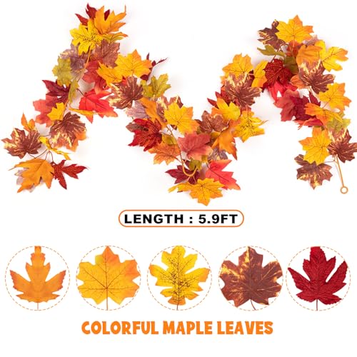 Image of Fall Maple Leaf Garland, Yellow, 2PCS, 11.8FT | Thanksgiving Artificial Hanging Fall Leave Vines, Fall Floral Garlands, Halloween Autumn Decor, For Home Wedding Party