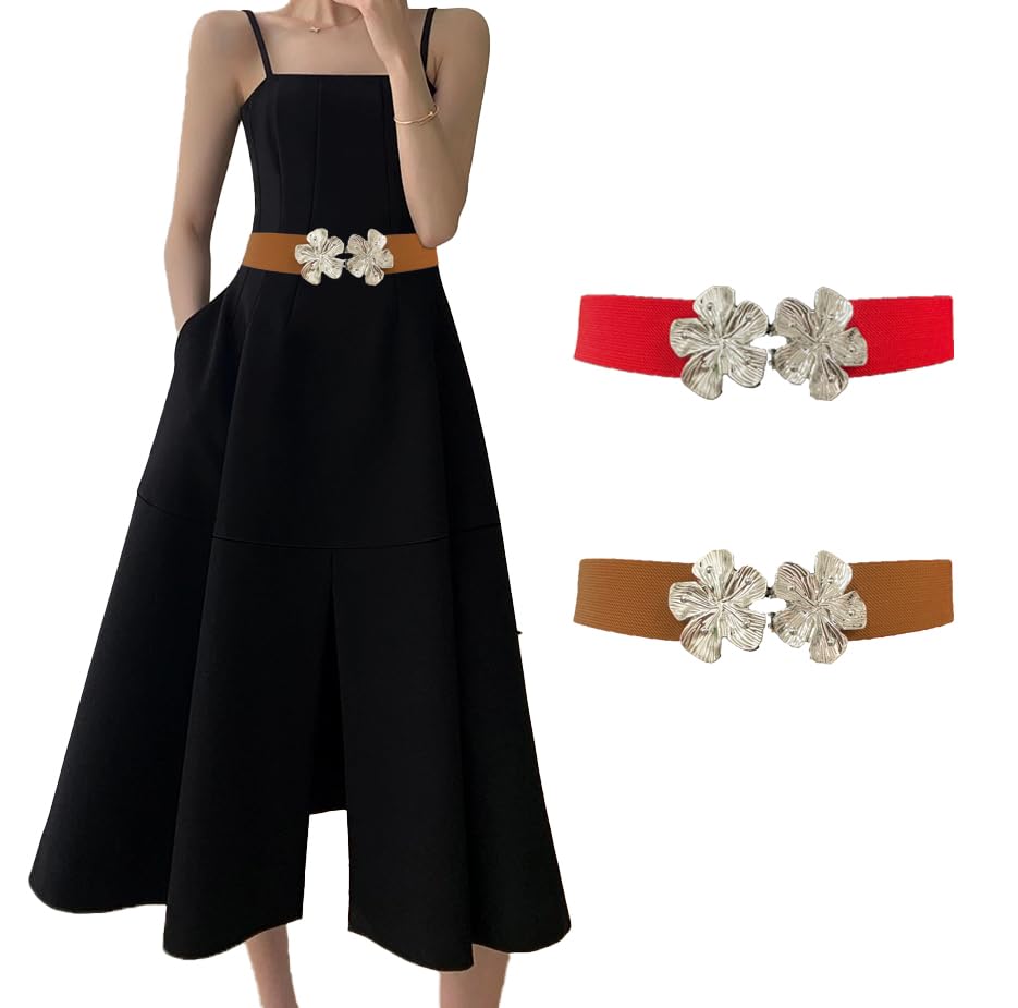 COTIM COYIN Women's Fashion Elastic Stretch Waist Belts With Metal Pin Flower Buckle for Jeans Pants Dress3