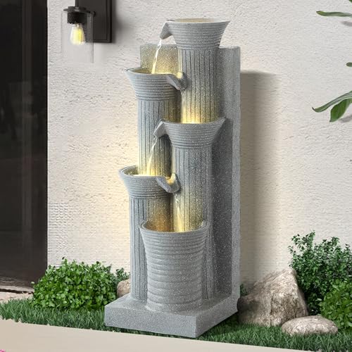 Dephet 5-Tiers Outdoor Garden Water Fountain with Cascading Rock, Fountains and Waterfalls w/LED,Indoor/Outdoor Floor Standing Water Feature w/Bamboo Joint Decor for Patio, Backyard (Light Grey)