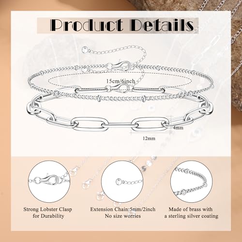 MILACOLATO 925 Sterling Silver Clasp Paperclip Chain Bracelets 14K White Gold Plated Solid Diamond-Cut Paperclip Chain Women Bracelet Adjustable Layered Satellite Beads Bracelets for Women2