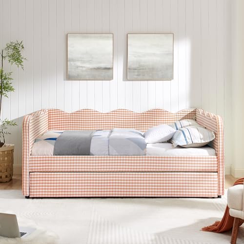 Image of KEIKI Full Size Upholstery Gingham Daybed with Trundle and USB, Pink