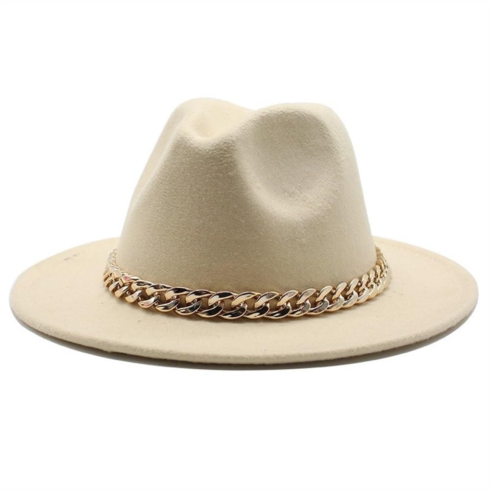 RZL Chapeau melon à large bord simple église Derby chapeau haut-de-forme avec chaîne dorée Chapeau Fedoras en feutre Panama (beige)