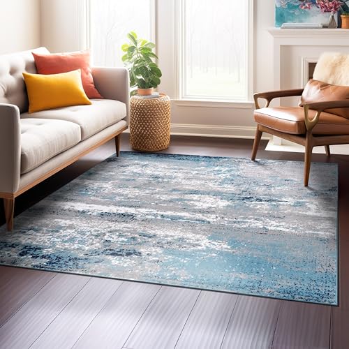 Rugshop Modern Distressed Blue Abstract Square Area Rug Bohemian Inspired