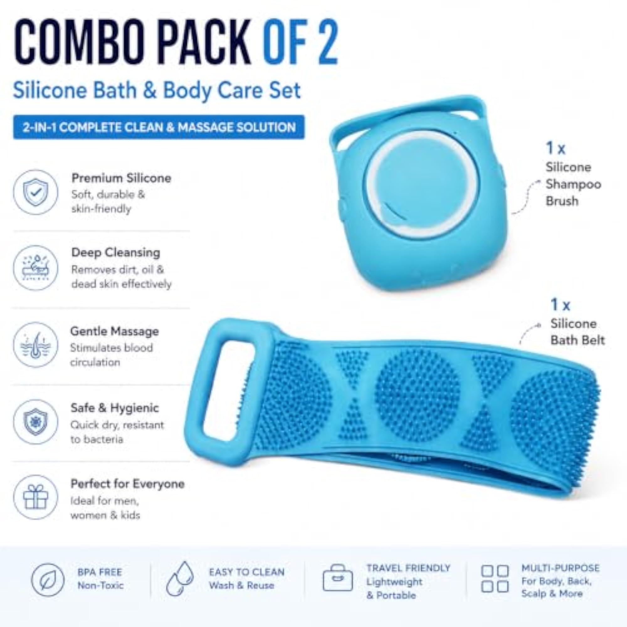 Silicone Bath & Body Care Set with Bath Belt and Scalp Brush