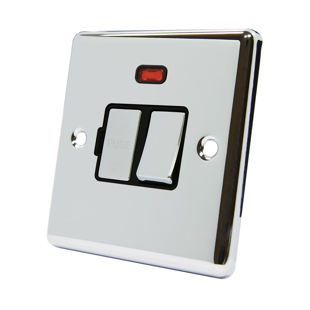 AET CPCSFNBC 13 A Classical Chrome Polished Fused Switched Connection Spur Unit with Neon Indicator and Black Insert Metal Rocker Switch