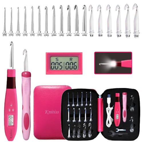 Knitiss Zähl-Häkelnadel-Set digitales Häkelnadel-Set leuchtende Häkelnadeln für Stich- und Reihenzähler 18 verschiedene Größen austauschbare Häkelnadeln 2 0~14 0 mm
