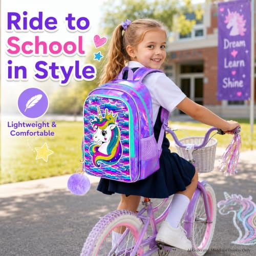 Image of CCJPX 3Pcs Unicorn Backpack, 16 inch Girls Sequin Bookbag with Lunch Box, Kids Water Resistant Elementary School Bag for Kindergarten Preschool Toddler (Purple)