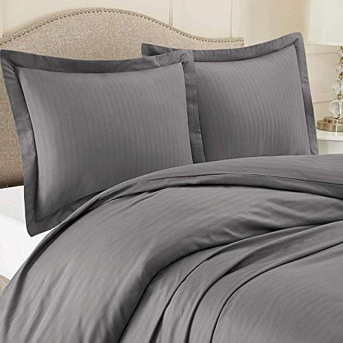 LUXURIOUS BEDDING UK Single Size 800 Thread Count Egyptian Cotton 11" Inch Deep Pocket Zipper Closure 3 PC Duvet Cover Set with Fitted Sheet Elephant Grey Striped