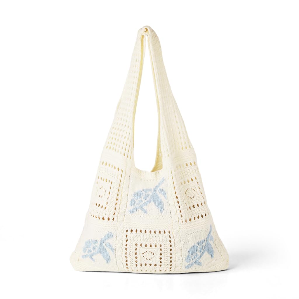 Shoulder Knitting Bag with Cute Blue Turtle Print, Boho Hollow Out Tote, Beach Style Crochet Grocery Bag, Lightweight Outdoor Bag for Travel or Daily-image-11