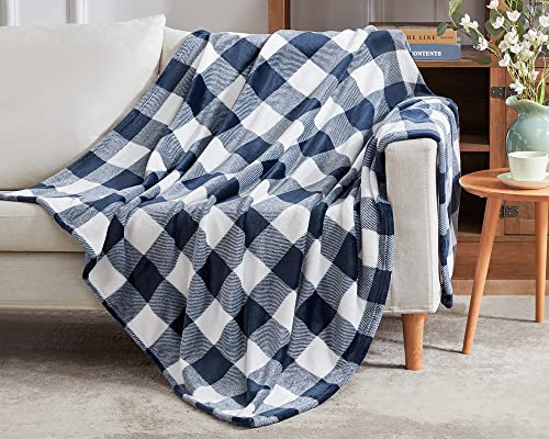 Touchat Fleece Throw Blankets, Buffalo Plaid Throw Blanket For Couch Sofa Bed, Soft Warm Fuzzy Cozy Plush Checkered Blanket, Lightweight Farmhouse Decor 50" X 60" (Navy Blue & White) #TOP2