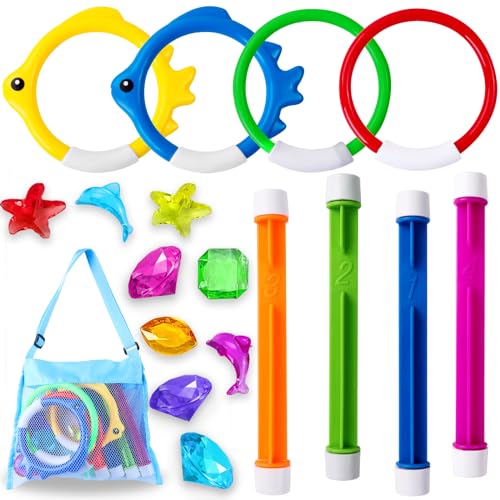 YUJUN 18PCS Pool Diving Swimming Toys, Summer Underwater Game Toys with Pool Fishes Dive Sticks Rings Gems Storage Bag for Kids Swim Birthday Party Favors