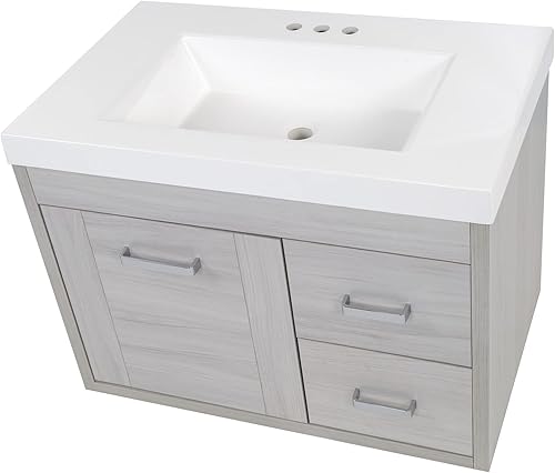 Miniatura 9 de Spring Mill Cabinets Marlowe - Tocador flotante de baño con armario de 1 puerta, 2 cajones y encimera blanca con fregadero integrado, 30.5 pulgadas