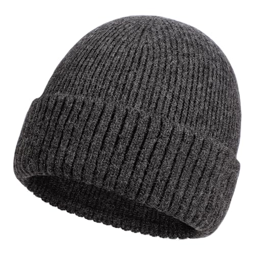 Oversized L/XL/XXL Merino Wool Beanie Hat for Men Big Head Cuffed Watch Cap Warm Soft Knit Winter Hat Slate Grey