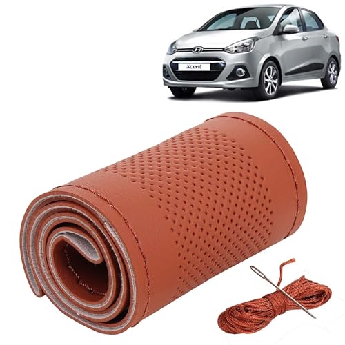 Image of KINGSWAY PU Leatherite Car Steering Cover Sewable Compatible with Hyundai Xcent (Year 2013-2017), Tan Color with Tan Thread, Pack of 1 with Sewing Needle and Thread