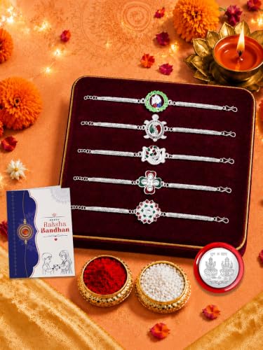 Image of Oblivion Set of 5 Designer Bracelet Rakhi for Brother in Brass with Roli Chawal, Silver Colour Pooja Coin and Greeting Card for Raksha Bandhan