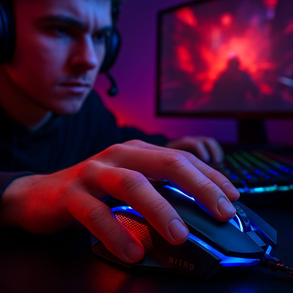 acer Nitro Gaming Mouse III: Mouse ottico da gioco 6D con alta frequenza di polling di 125 MHz, 7 luci di respirazione colorate con logo e motivo LED, 6 spostamenti DPI opzionali (800-7200), 6