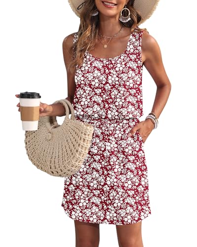 WNEEDU Vestido de Verano de Las Mujeres sin Mangas Tanque Playa encubrimientos U Cuello cordón Vestidos Nuevo Floral Rojo 2XL