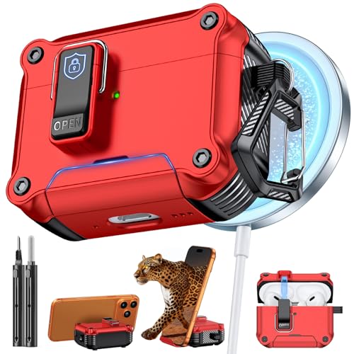 Image of Inesore for AirPods AirPods Pro 1st /2nd Case with Secure Lock (Red) | Phone Stand Design,Compatible with MagSafe,Automatic Snap Switch Secure Cover with Cleaner Kit & Keychain
