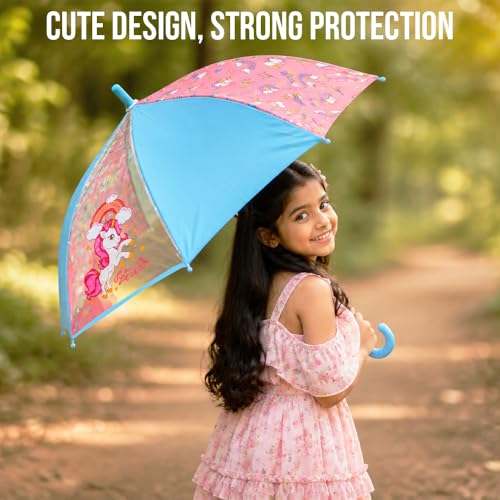 Image of RIRI Unicorn Print Umbrella for Girls & Kids | Cute Cartoon Folding Design | Waterproof Windproof | Lightweight Easy Grip for School, Travel & Rainy Days
