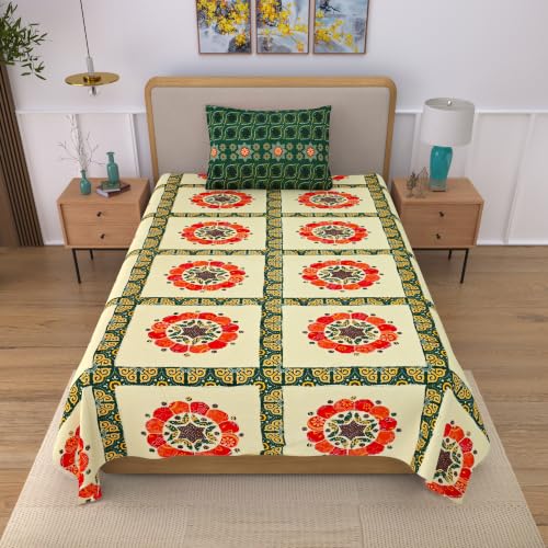 Image of 100% Cotton Single Bedsheet with 1 Pillow Cover | 240 TC Pure Cotton Flat Bed Sheet | Traditional Jaipuri Printed Bedding Set | Soft & Breathable | 60 x 90 Inch (Rangmahal Single 69)