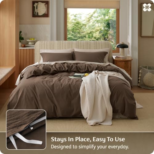 Image of Bedsure 100% Washed Cotton Duvet Cover Cal King - Brown Minimalist Bedding Set Linen Like - PureWoven Plain Simple & Soft Comforter Cover for All Seasons (Brown, California King, 104 inchx98 inch)