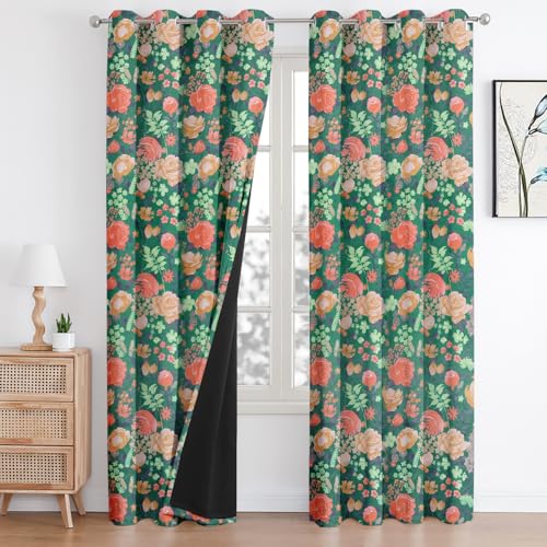 Image of Cloth Fusion Printed 100% Blackout Door Curtains 7 Feet Long Set of 2, Room Darkening Parda with Stainless Steel Grommets for Home Decor (7x4.5 Feet, Green Roses)