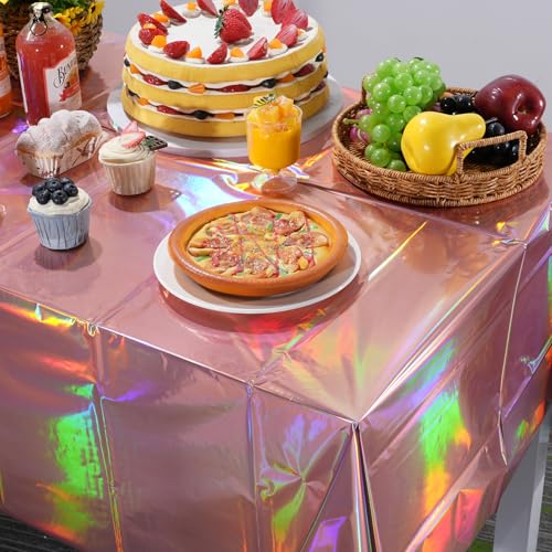Image of 3 Pack Rose Gold Plastic Tablecloth, Disposable Rectangle Table Covers, Holographic Metallic Foil Tablecloth Pink Party Supplies Decorations for Birthday Wedding Anniversary Bridal Shower, 54x108Inch