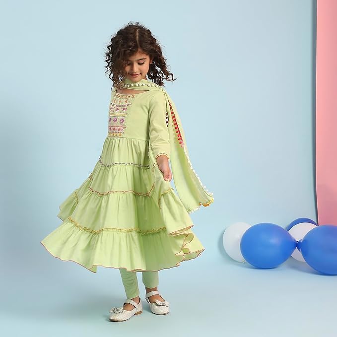 Image of Biba Girls 3 /4 Sleeve 100% Cotton Round Neck Kurta Set