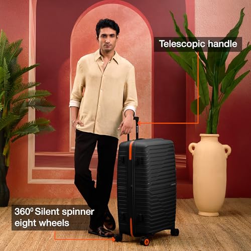 Image of Nasher Miles Cairo Hard-Sided Polypropylene Luggage Set of 2 | 65cm & 75cm | 8 Wheels Medium & Large Trolley Bag for Travel | Suitcase (Black & Orange)