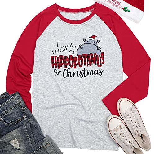 I Want A Hippopotamus for Christmas Women T Shirt Cute Long Sleeve Christmas Graphic Print Raglan Tee Shirts Tops Grey