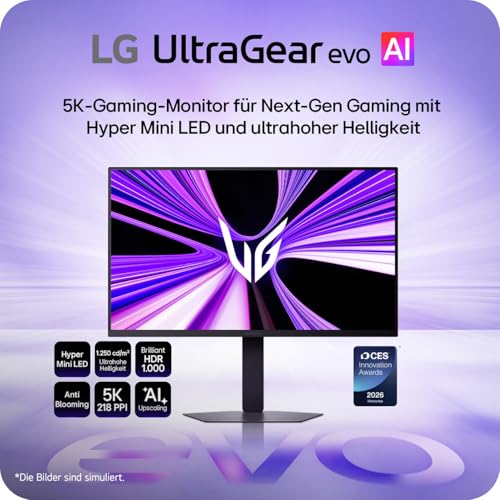 LG Ultragear™ evo 27GM950B-B 27 Zoll 5K IPS Hyper Mini LED Gaming-Monitor, 165Hz/330Hz, AI Upscaling, DisplayHDR 1000, AMD FreeSync Premium, 1x USB-C (90W), 2X HDMI 2.1, 1x DisplayPort 2.1, Schwarz