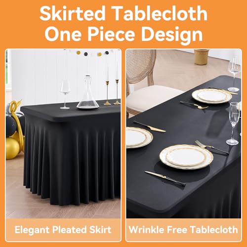 Image of 4 Pack Black Fitted Spandex Table Cloth Rectangle 8ft, Wrinkle Free High-Stretch Skirted Tablecloths for 8 Foot Rectangle Tables, Decor Parties Weddings Birthday Banquet Spandex Table Cloths Cover