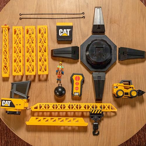 Image of Cat Construction Workforce Jumbo Tower Crane Set, 50-Inch RC Crane Toy with 360-Degree Rotation, Hook and Wrecking Ball, Light, Skid Steer and 4 inch Figure, USB Rechargeable, Ages 5+