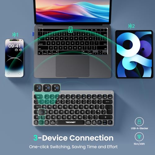 TECKNET Bluetooth Wireless Keyboard - Small Compact Rechargeable 2.4GHz USB Keyboard with 500mAh Battery Capacity for 3 Devices, Widely Compatible with Laptop, PC, UK Layout, Grey - Image 3