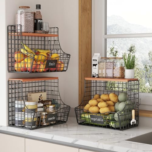 UMDONX Cesta de fruta 3pcs,2 estantes de fruta Cesta colgante de cocina,Cesta de fruta colgante con tapa de madera con 5 ganchos colgantes para plátanos