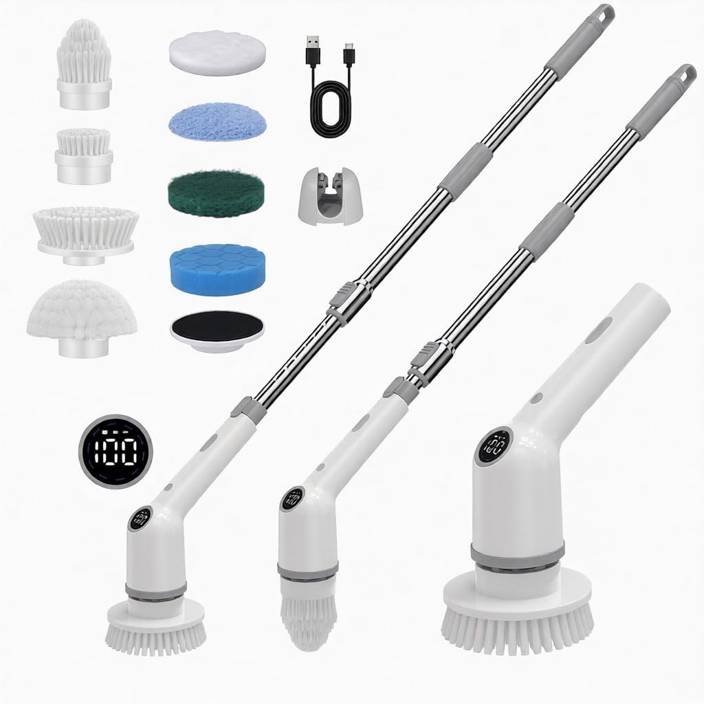 Electric Spin Scrubber, Cordless Power Scrubber with 8 Brush Heads, 3-Speed 450RPM, Adjustable Handle 11-48 Inches, 2500mAh
