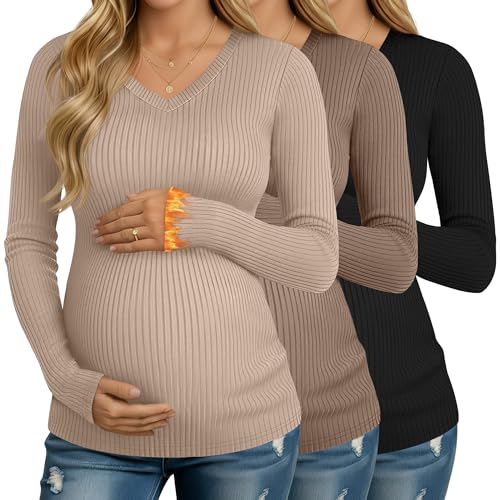 Velvelhall 3 Pack Women's Maternity Shirts Fleece Long Sleeve V Neck Ribbed Pregnancy Tops Slim Fit Base Layer Mama Clothes(Khaki, Dark Brown, Black,Small)