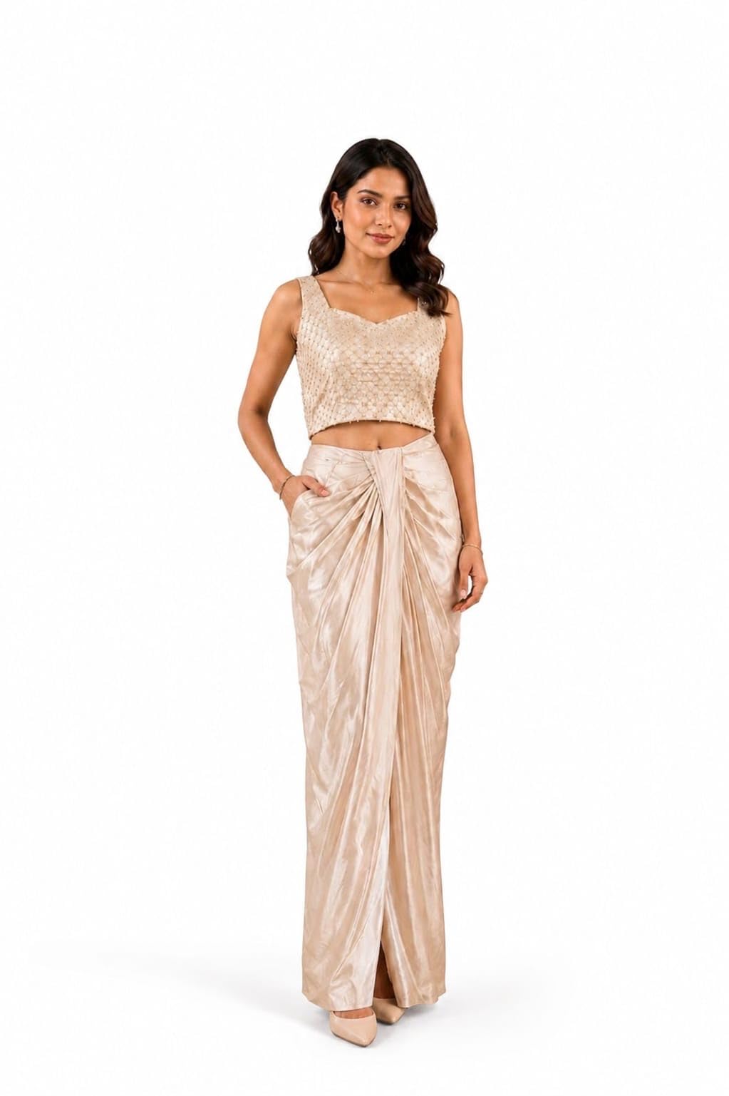 Women's Champagne Embellished Crop Top and Draped Skirt Co-ord Set-picture-21