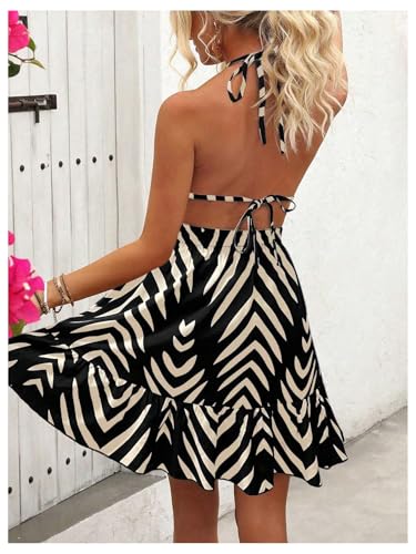 Image of SweatyRocks Women's Printed Tie Backless Mini Dresses Ruffle A Line Sleeveless Low Cut Halter Dress