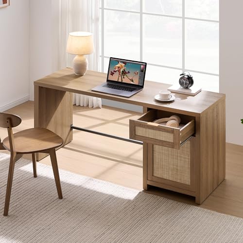 Image of SICOTAS Executive Desk with Large Cabinet, Drawer, Rattan Home Office Desk | 59 inch Boho Farmhouse Computer Table Vanity Desk for Home Office, Study, Living Room, Dining Room
