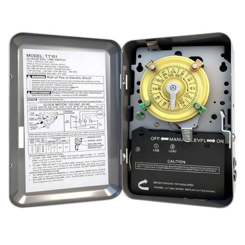 T101 Mechanical Timer Switch T101 Pool Timer 120V 2HP SPST 40A Time Switch 24 Hour 12 ON/Off for Pool Pump Heavy-Duty Mechanical Time Switches for Lights Pumps HVAC Systems 5 Years Warranty