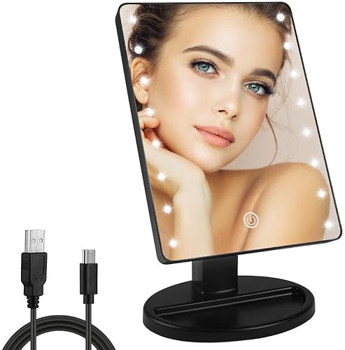 Espejo de maquillaje iluminado con 16 luces LED, pantalla de rotación de 180, brillo ajustable, dos modos de fuente de alimentación, espejo de
