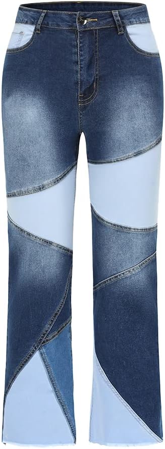 THUNDER STAR Women's Stretch Wide Leg Jeans Mid Rise Patchwork Denim Pants