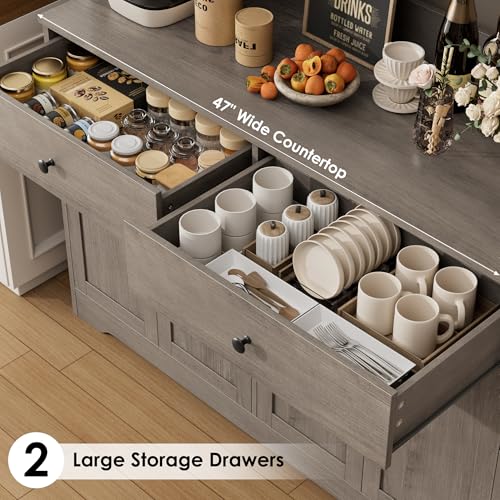HIFIT 71\" LED Kitchen Pantry Cabinet with Power Outlet, Large Kitchen Hutch Storage Cabinet with Arched Door, Shelves, 2 Drawer, Tall Farmhouse Coffee Bar w/Hutch for Home Dining Living Room, Ash Grey - Thumbnail 5