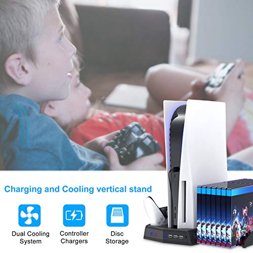 Vertical Stand with Cooling Fan for PS5 Console and PS5 Digital Edition, YUANHOT Charging Station Dock with Dual Controller Charger Ports and Retractable Game Storage for PS5 and DualSense - Black - Thumbnail 6