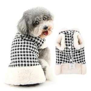 Ranphy Gingham Tweed Luxury Faux Fur Coat for Small Dog Puppy Winter Jacket Sleeveless Fuzzy Collar Windproof Yorkie Chihuahua Warm Xmas Clothes with Leash Ring Cat Clothing,Black,XS