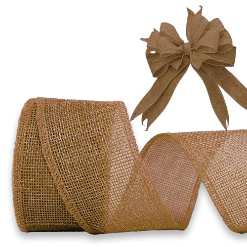 JaoZuyard Brown Burlap Ribbon 2 inch X 10 Yard Brown Linen Wired Ribbon